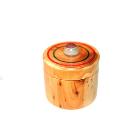 Boite ronde en bois d'If avec décoration et bille en Marbre Onyx